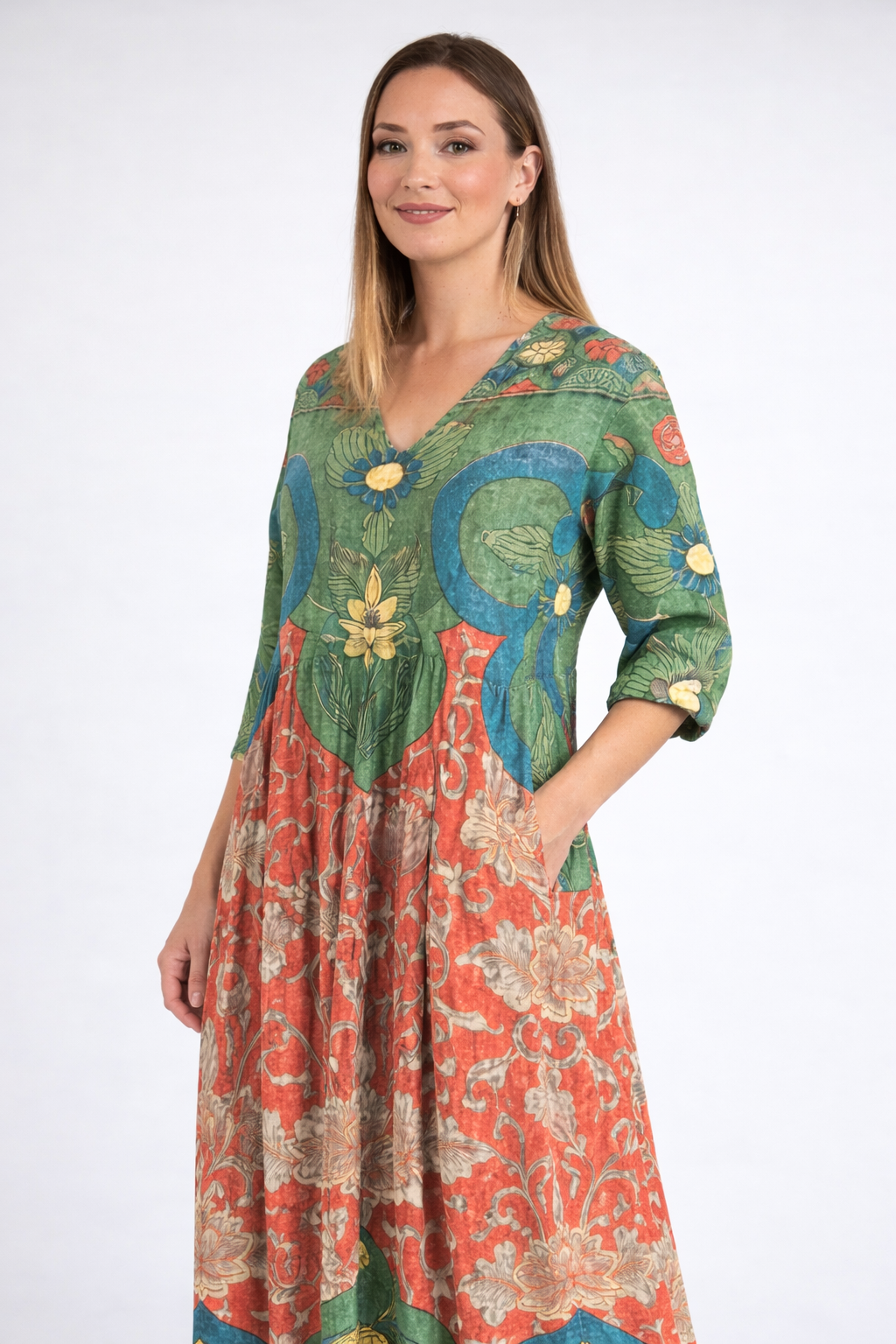 Abriella - Rochie Lungă Cu Imprimeu Lotus Si Buzunare