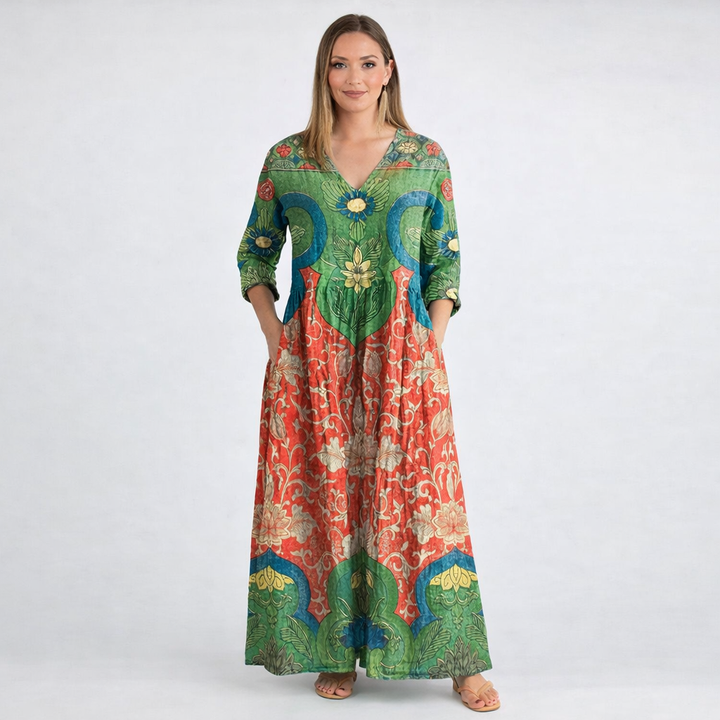 Abriella - Rochie Lungă Cu Imprimeu Lotus Si Buzunare